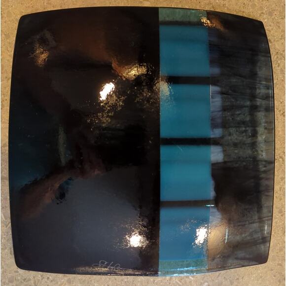 Mid Century Fused Art Glass Curved Plate Blue White Square Signed 8.5 x 8.5 x1.5 - Picture 4 of 5